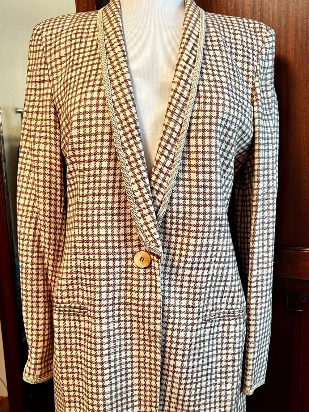 Armani Collezioni Cream & Brown Plaid Single-Button Blazer